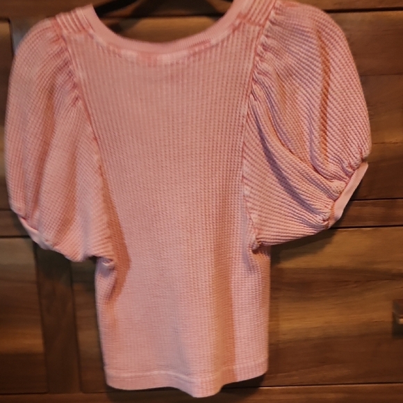 Free People Pink and White Puff Sleeve Blouse with Ruffled Tie Front - Picture 7 of 7
